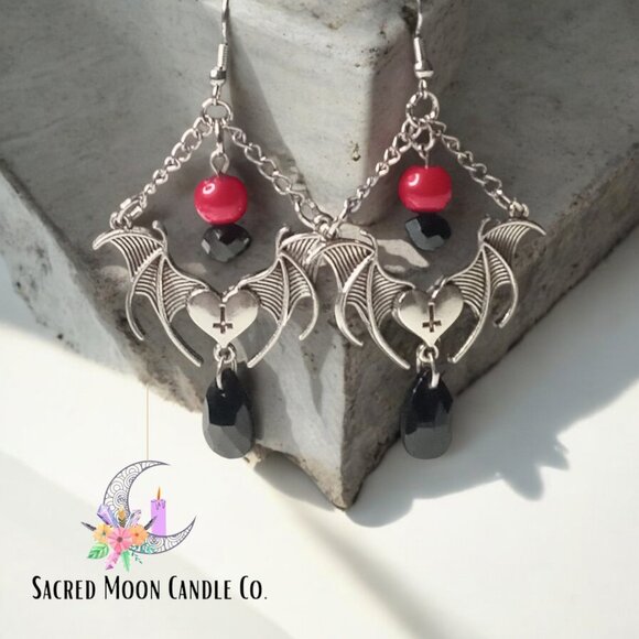 Red and Black Bat Wing Heart Earrings - Picture 1 of 3